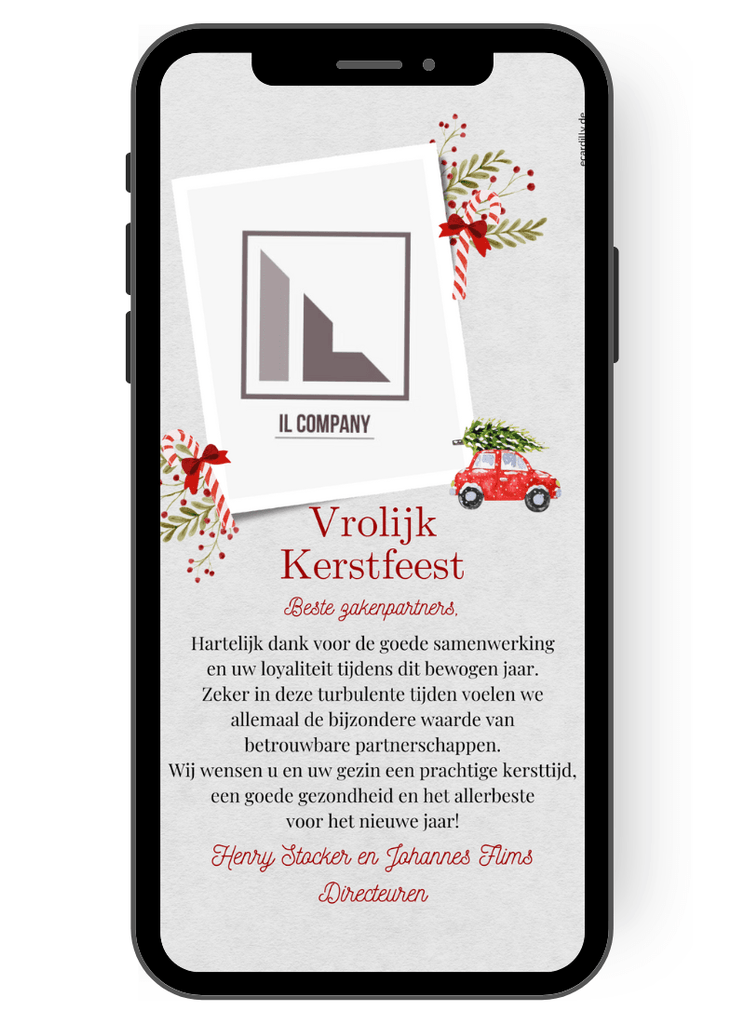 Geweldige kerstkaart met logo voor je bedrijf, voor werknemers, zakenpartners. Geweldige zakelijke kerstkaart met logo die je kunt aanpassen en meteen digitaal kunt versturen. Kaart met zuurstok, auto, takken in klassieke kerstopmaak. nl