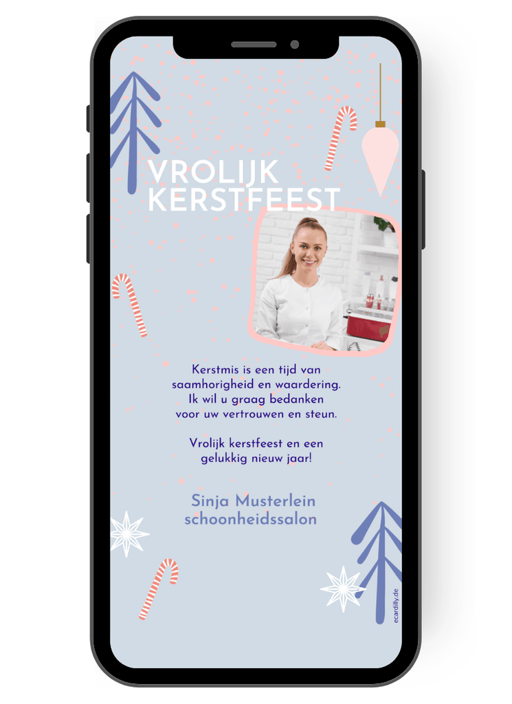 Zakelijke kerstkaart met fotologo in pastelroze, lila en mooie zuurstok. Confetti of sneeuwvlokken in zachtroze druppelen over deze digitale WhatsApp-kerstkaart. nl