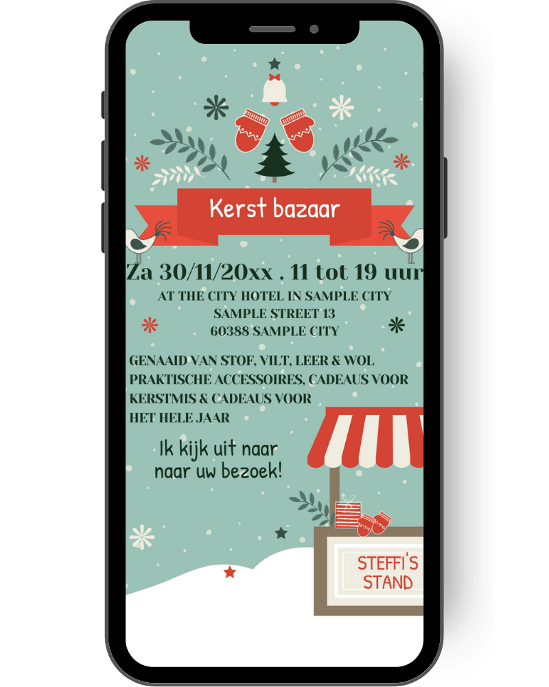 Een marktkraam, handschoenen en een dennenboom staan afgebeeld op deze eCard, die je kunt gebruiken om klanten te laten weten dat je een kraam hebt op de kerstmarkt. nl