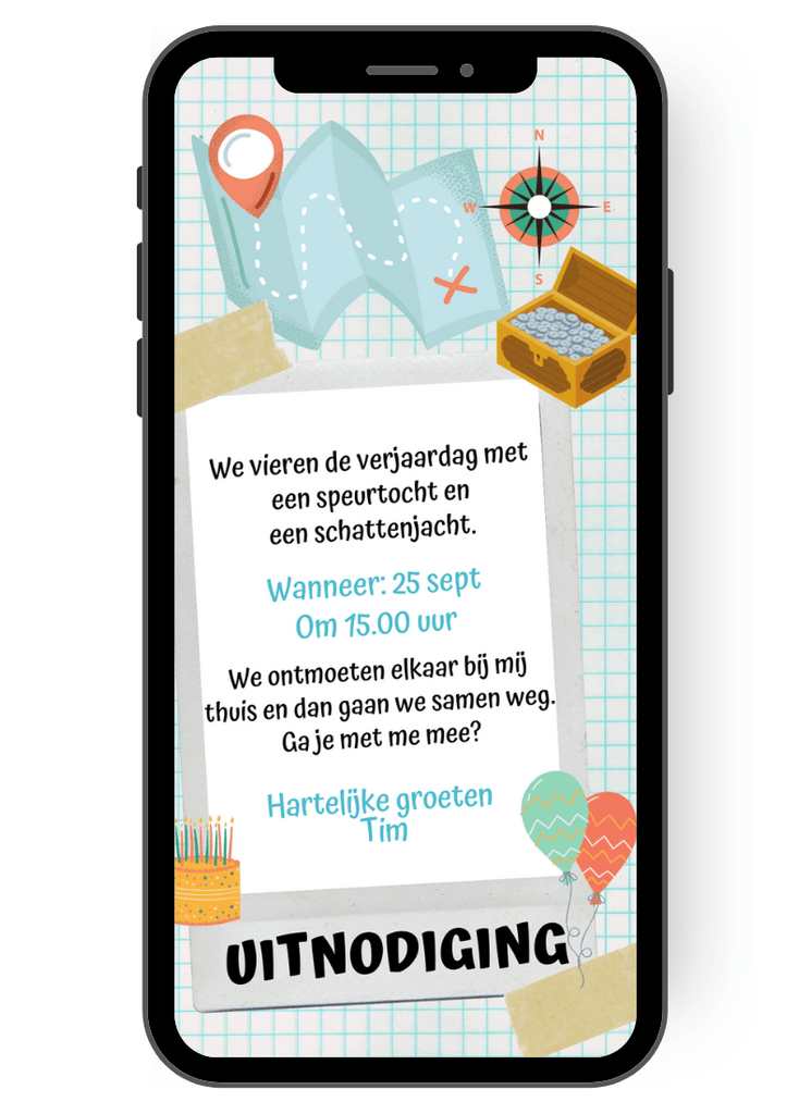 Digitale uitnodigingskaart als eCard waarmee je eenvoudig kinderen kunt uitnodigen voor een verjaardagsfeestje. Deze kaart met schateiland, schatkist, wegwijzer, kompas, ballonnen en taart nodigt uit voor het verjaardagsfeestje van je kind. nl