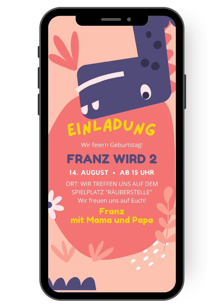 Einladungskarte für einen Kindergeburtstag von Kleinkindern mit einem lila Dinosaurier. Digitaler Versand über das Smartphone. Papierlos, der Umwelt zu Liebe. de