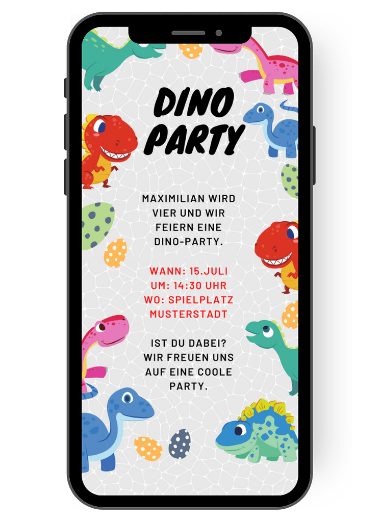 Einladung zum Kindergeburtstag Mottoparty Dino Dinosaurier. Bunte Einladung lädt zum Kindergeburtstag ein. de