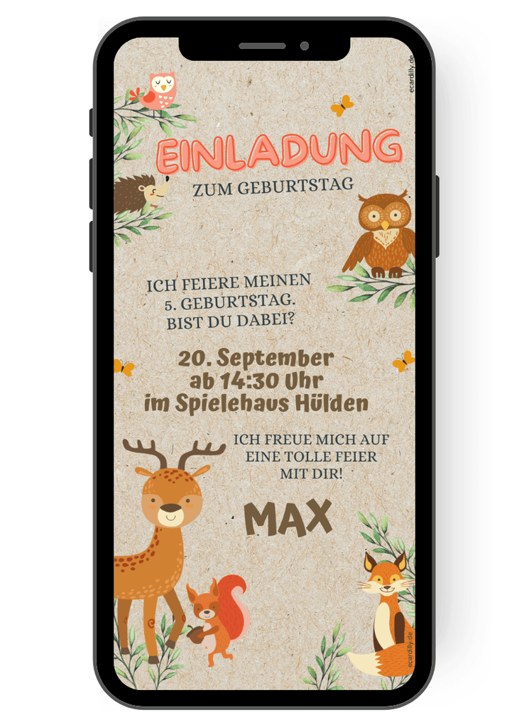 whatsapp Einladungskarte in braun und orange mit kleinen Waldtieren wie Reh, Eule, Igel und Fuchs. Die Einladungskarte zum Kindergeburtstag kann man als eCard versenden. de