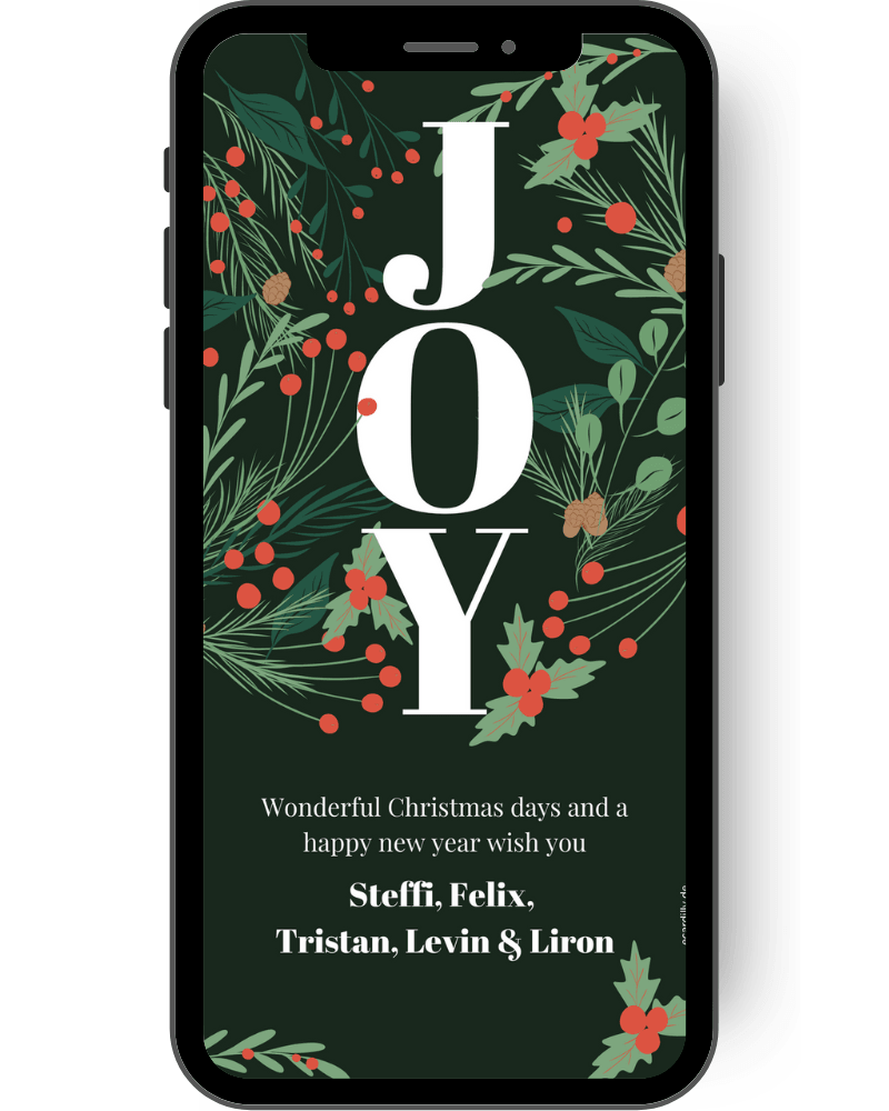 Beautiful digital greeting card for Christmas. With modern green branches, mistletoe, red berries and the inscription JOY. Card can be inscribed with personal words. en