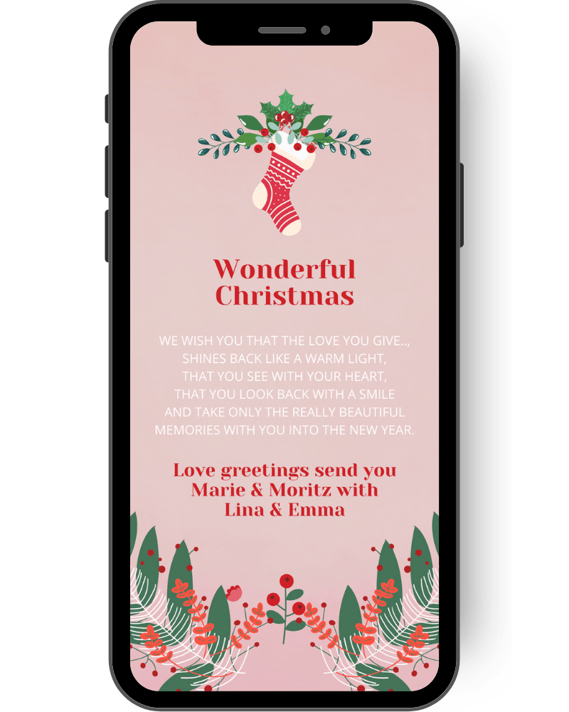 Digital Christmas card in pink with Christmas motifs with branches and a sock in red and white. en