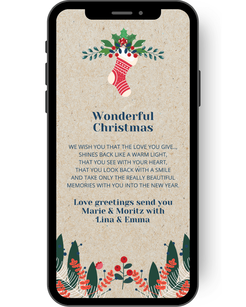 Digital Christmas card with Christmas motifs with branches and a sock in red and white. en