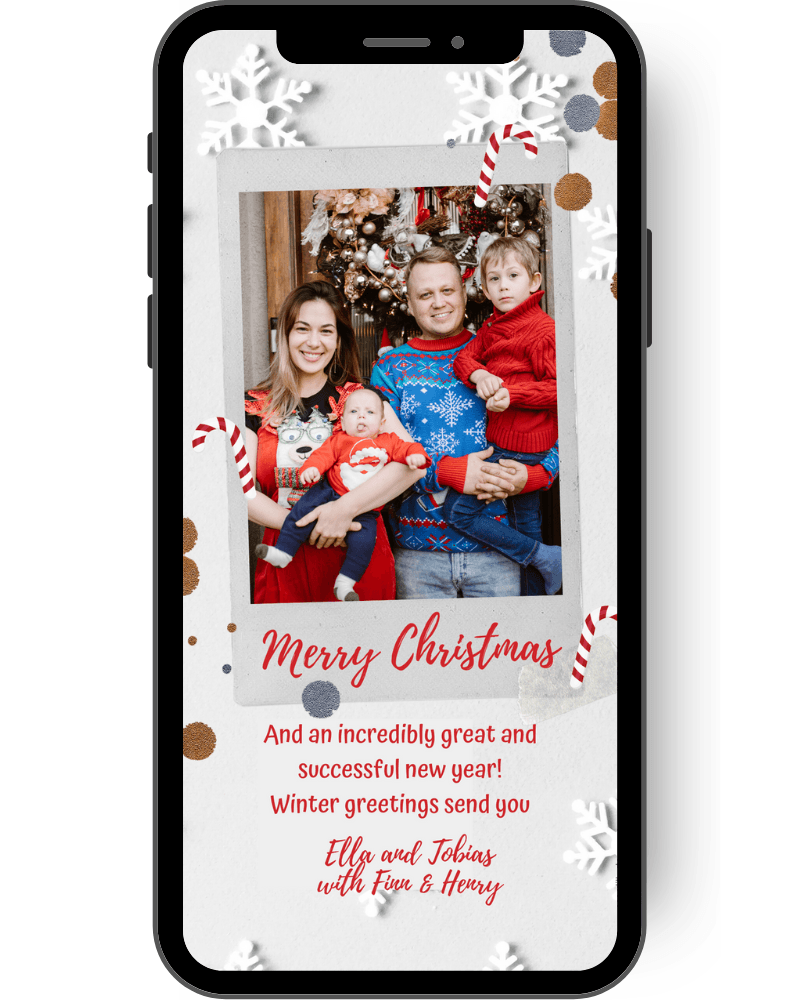 Red and white striped candy canes, snowflakes and some glitter confetti swirl around the family photo of you on this eCard. The eCard has greetings for Christmas and the New Year! Merry Christmas! en