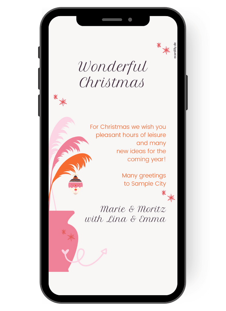 In a vase are pampas grass branches, on which hangs a colorful Christmas tree ball - on a Christmas card designed in pink-pink-ochre. The greeting "Wonderful Christmas" with the names of the sender you can send via your cell phone selected contacts en