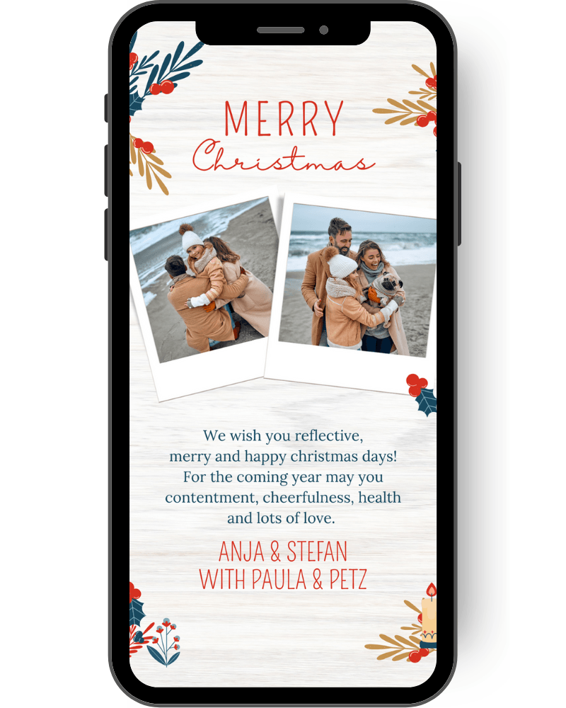 Modern Christmas card for your Christmas greetings with two photos and small branches in gold and green. The background has a wooden look. You can send the Christmas card via WhatsApp with personalized text and Christmas greetings. en