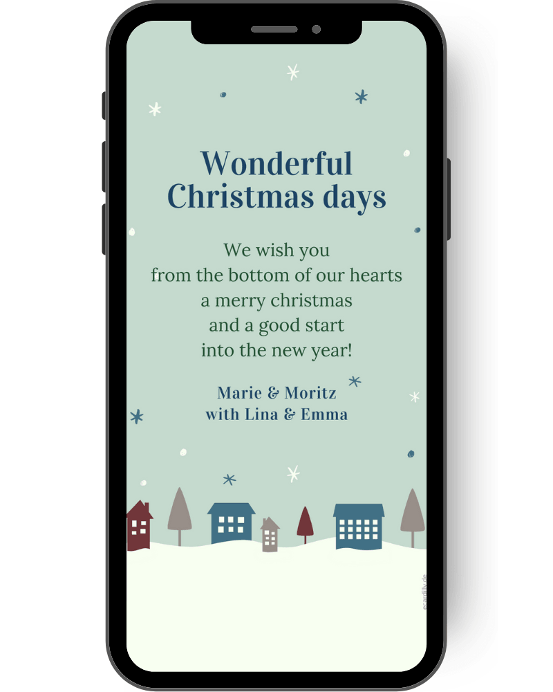 On this Christmas card is a small winter town in the snow in gray, blue and brown tones. Above a starry snowy sky, which serves as a background for your Christmas greetings. en