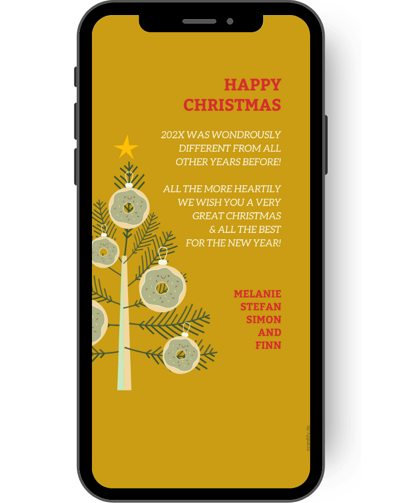 A Christmas eCard in the trendy color mustard yellow. The left side of the card depicts a fir tree with a white trunk and a few symbolic branches, Christmas balls hang from the branches. en
