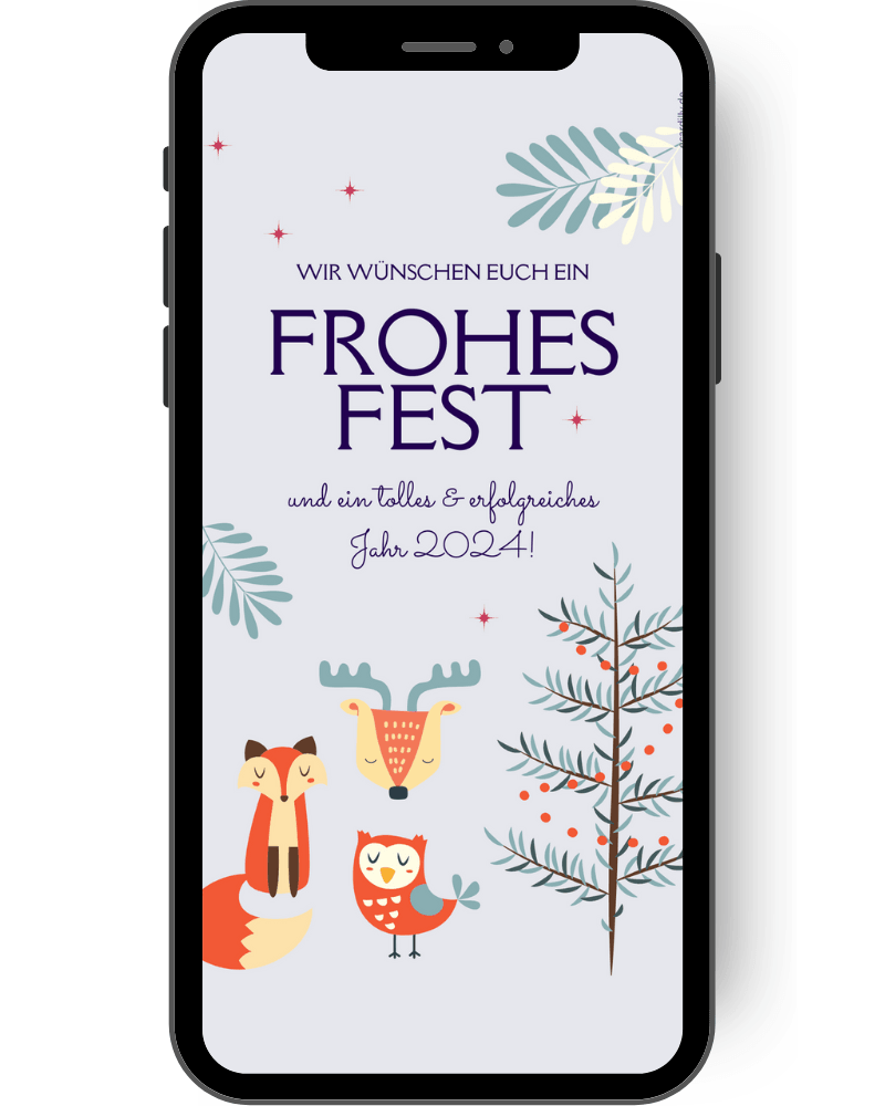Frohes Fest: Wiehnachtsgrüße auf silbernem Hintergrund mit Fuchs, Eule und Rentier neben einem Tannenbaum de
