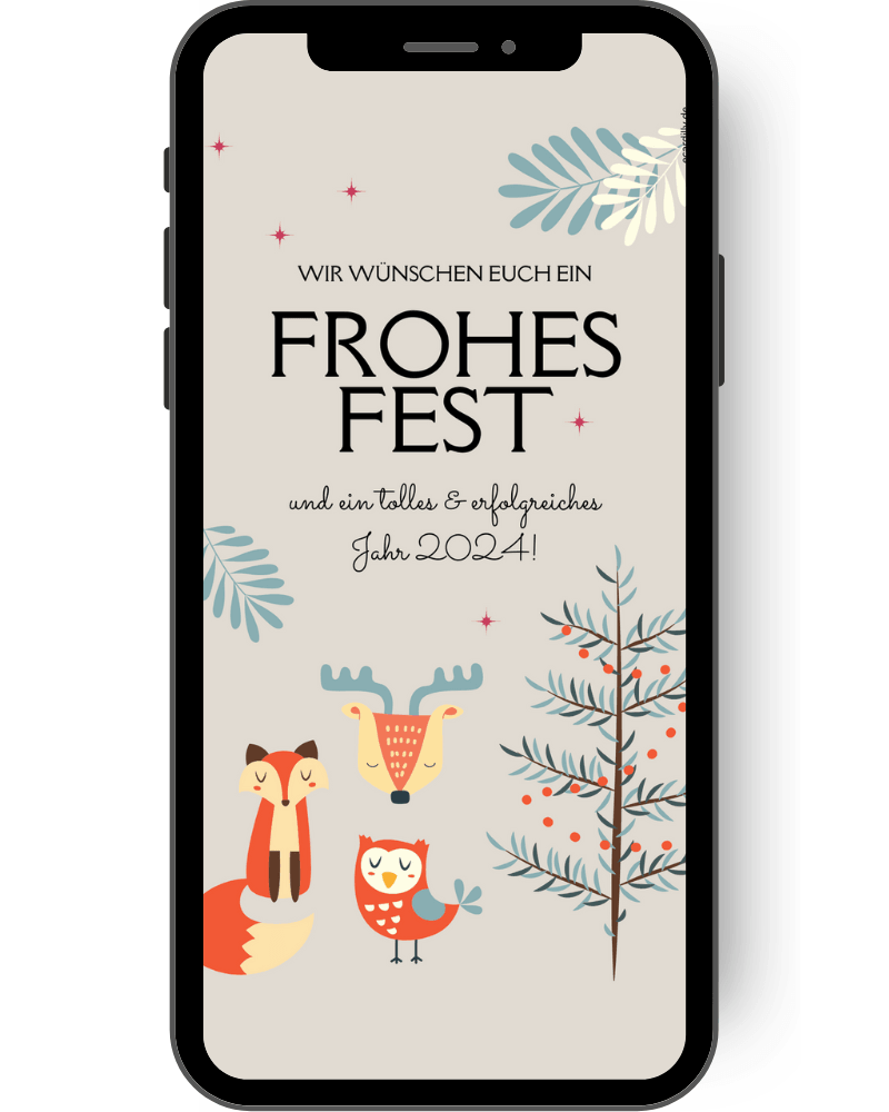 Frohes Fest: Wiehnachtsgrüße auf zartbraunem Hintergrund mit Fuchs, Eule und Rentier neben einem Tannenbaum de
