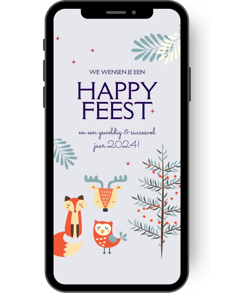Vrolijk kerstfeest: Wiehnachtsgrüß op zilveren achtergrond met vos, uil en rendier naast een dennenboom nl