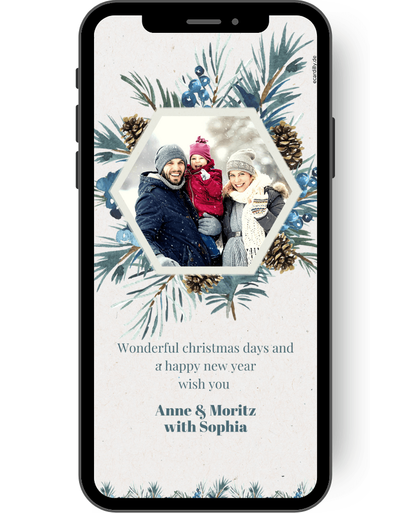 Wintery Christmas card with a wreath of twigs. You can insert your own photo in the middle and create it with wonderful Christmas wishes. Small pine cones can be seen as additional motifs. en