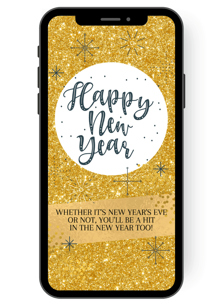 A gold glitter eCard greeting card for New Year's Eve with a big white circle in the middle that says: Happy New Year! en