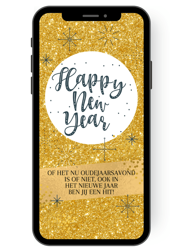 Een gouden glitterende eCard als wenskaart voor oudejaarsavond met een grote witte cirkel in het midden met de tekst: Gelukkig Nieuwjaar! nl