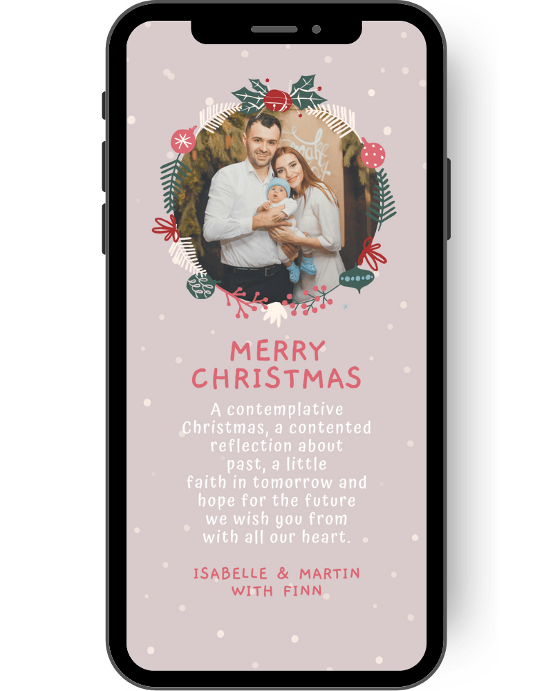 Christmas card as eCard or digital card with pastel background and a wreath with balls and branches. In it a beautiful family photo en