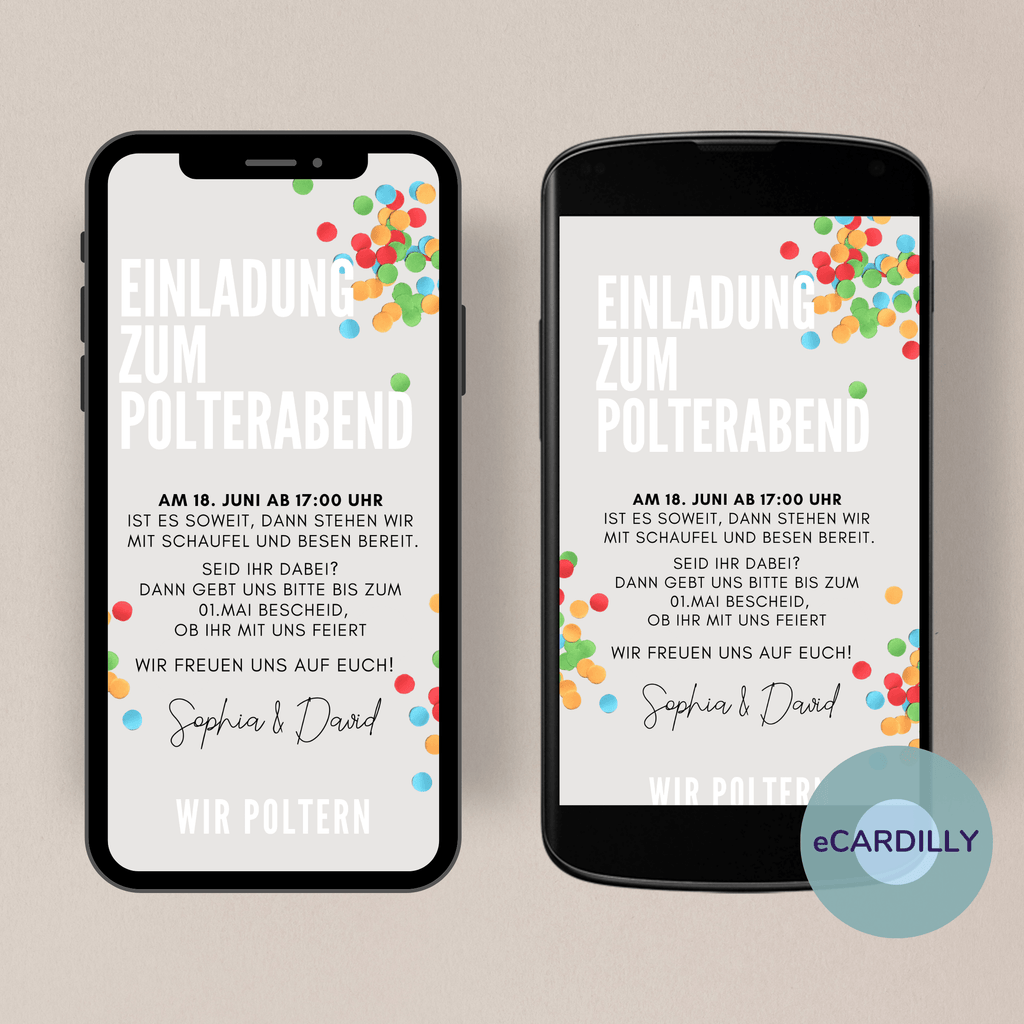 Schöne, bunte PolterabendEinladung WhatsApp Vorlage eCARDILLY
