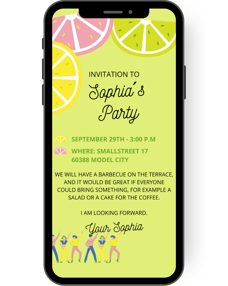 A slide of grapefruit, orange and lemon each on an invitation to a refreshing party. All the information about the party is on the invitation card, on which a few people are dancing happily at the bottom. en