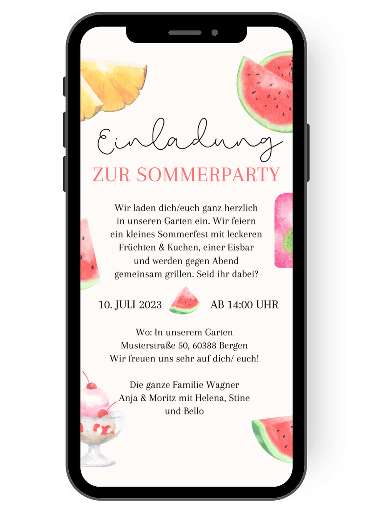 Komm zur coolsten Sommerparty! Unsere eCard ist deine Einladung zu einem heißen Fest voller Sonne, Melonen, Ananas, Eis und guter Laune. Sei dabei und genieße den Sommer in vollen Zügen! de