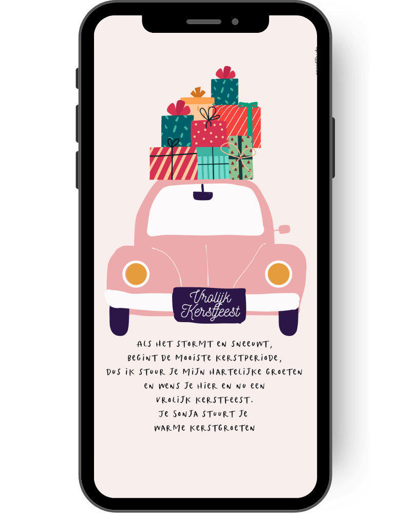 Leuke kerstkaart voor WhatsApp kerstgroeten in roze met auto en kleine cadeautjes. Heel gemakkelijk te personaliseren nl
