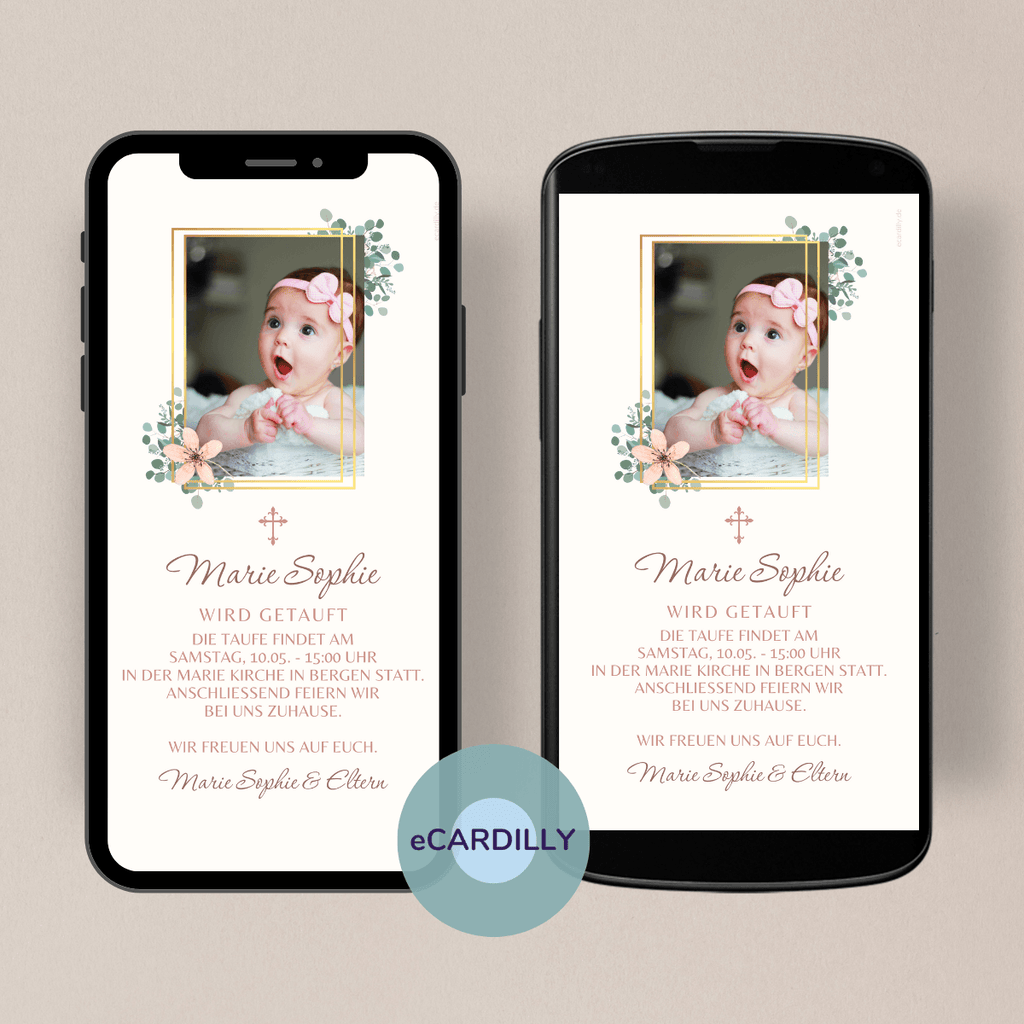 digitale Einladung zur Taufe - tolle Einladungskarte mit Foto des Kindes - goldener Rahmen mit rosa Blume und Efeu - Kreuzchen - Rosa