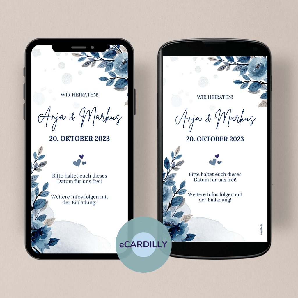 digitale Einladung zur Hochzeit - Blau - Blätter - Blumen - einfach per WhatsApp alle Gäste informieren - edle Einladung in Blau und Weißtönen