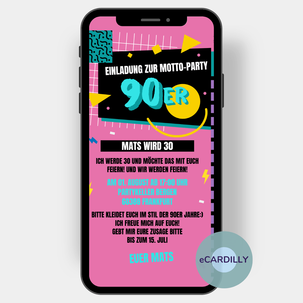 90er Jahre Einladung 30 Geburtstag 90er Party Coole Einladung zur 90er Mottoparty - Papierlose Einladungskarte