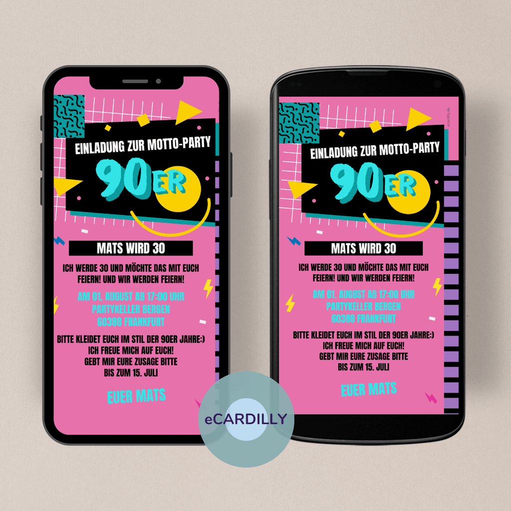 digitale Einladung zu deiner 90er Party - Pink - Türkis - Lila -Gelb - bunte Farben - Mottoparty - papierlos