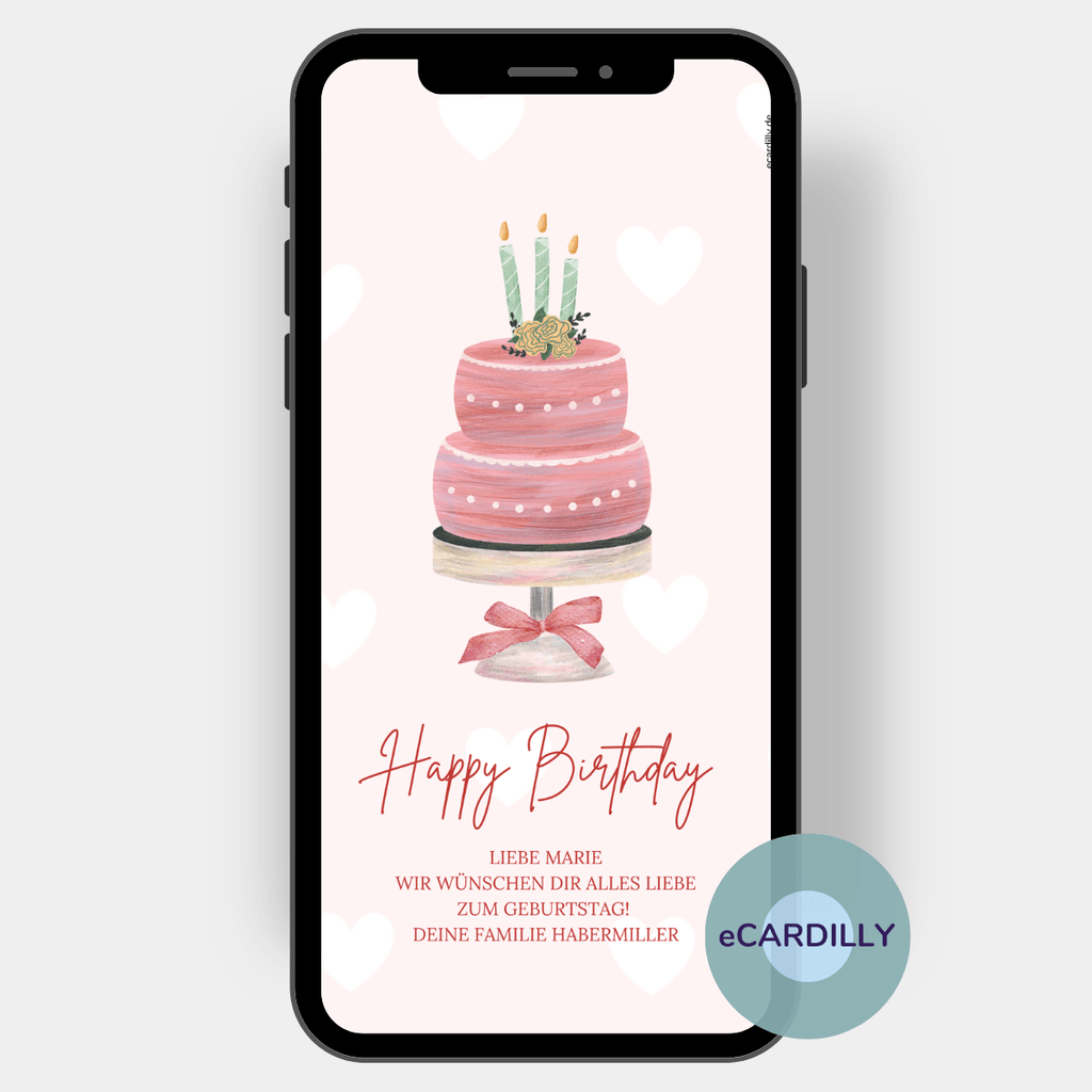 digitale Grußkarte zum Geburtstag - Torte - Kerzen - Rosa - Happy Birthday - persönlicher Spruch