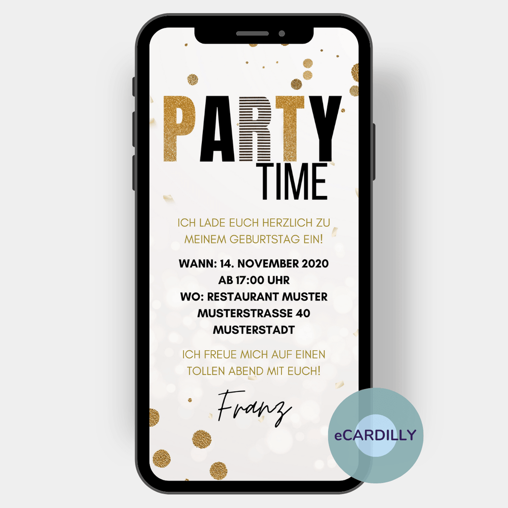 Party Time - Einladung zum Geburtstag - Schwarz/Gold - eCard - Papierlos - Konfetti