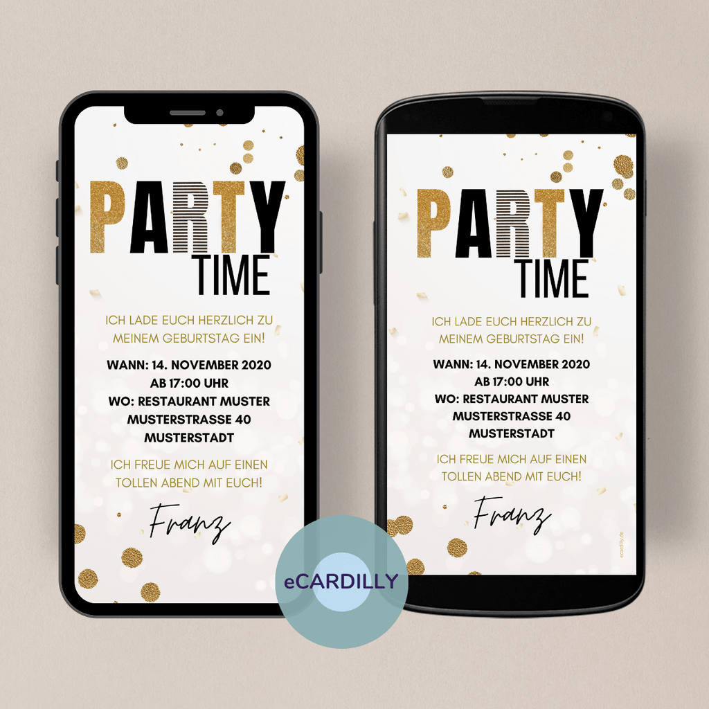 Papierlose und preisgünstige Einladung zum Geburtstag - digital - eCard - Schwarz - gold - Party Time
