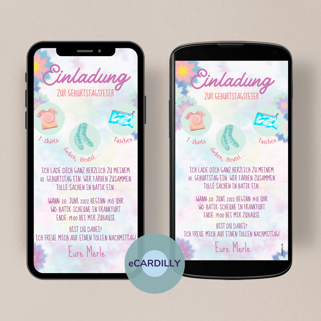 papierlose Einladung zur Batik-Design-Party - Geburtstagsfeier - Kindergeburtstag - Einladung - WhatsApp - Digital