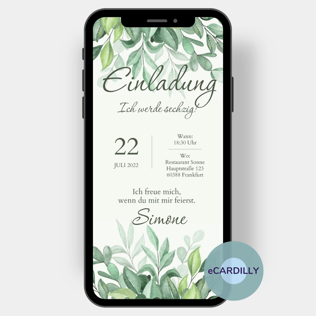 Wunderschöne florale Einladungskarte mit Blättern und Zweigen in Grüntönen und Kalligrafie-Schrift die zum Geburtstag einlädt.