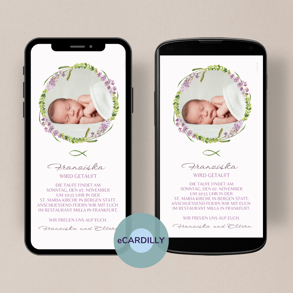 digitale Einladung zur Taufe deines Kindes - Taufeinladung mit Foto - Kranz - Lavendelblüten - eCard
