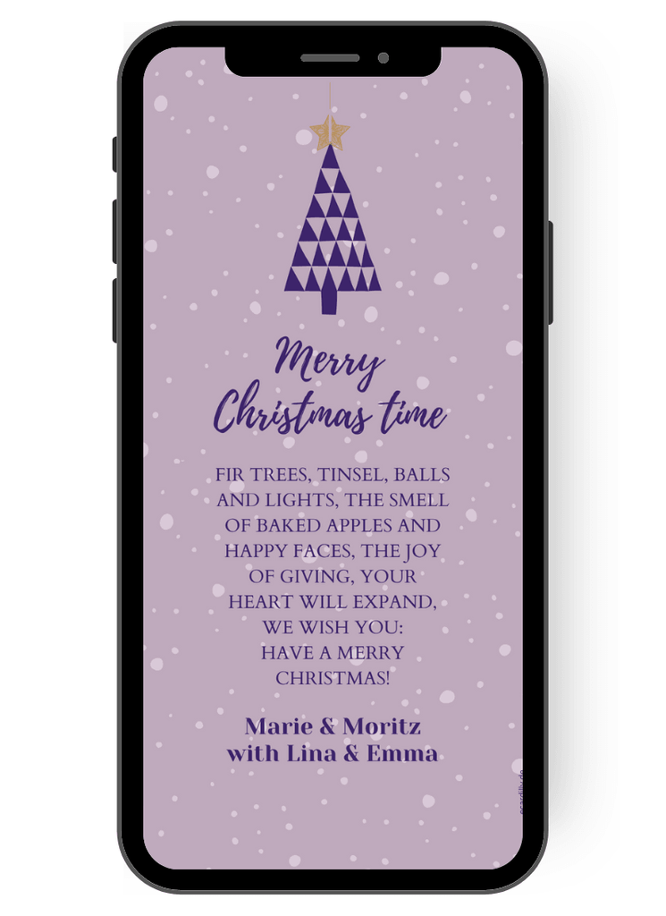 This Christmas card features a red fir tree made of many small triangles, with white snowflakes snowing over your Christmas greetings on the delicate purple background. Below are all the names of your family - you can send this card digitally for Christmas. en