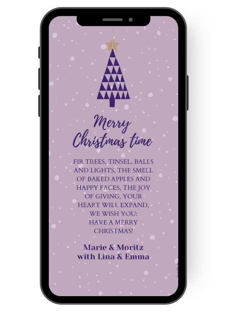 This Christmas card features a red fir tree made of many small triangles, with white snowflakes snowing over your Christmas greetings on the delicate purple background. Below are all the names of your family - you can send this card digitally for Christmas. en
