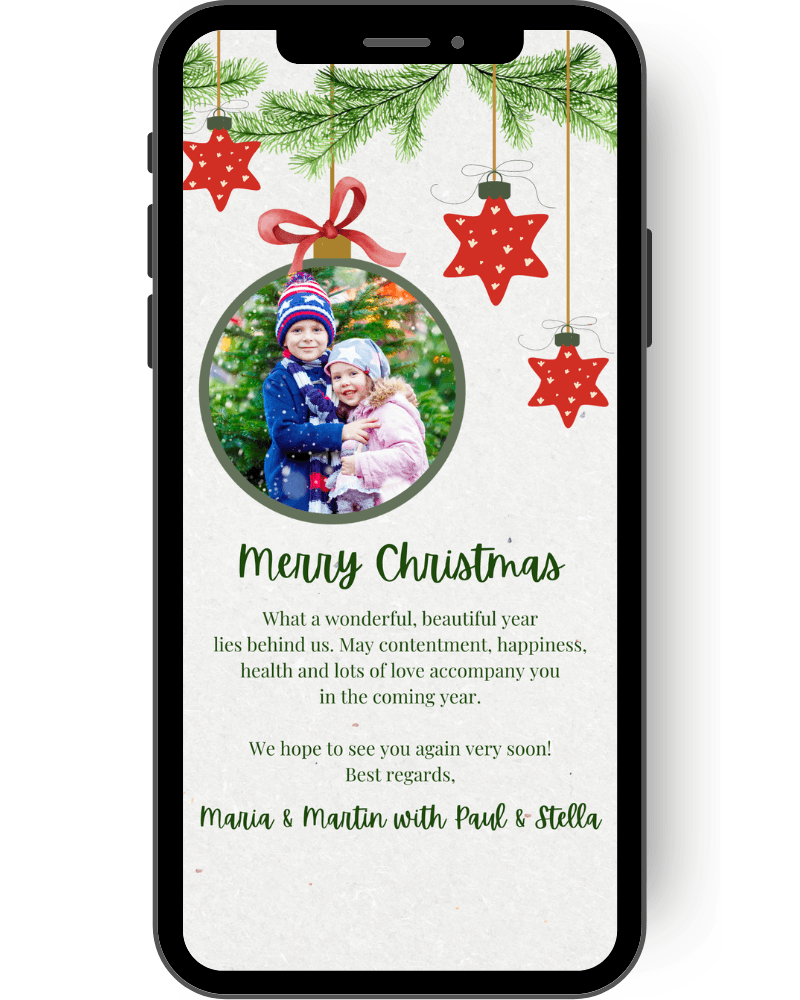 Wonderful Christmas card with Christmas ball and photo. Great Christmas color in red, green with a background in kraft paper look en