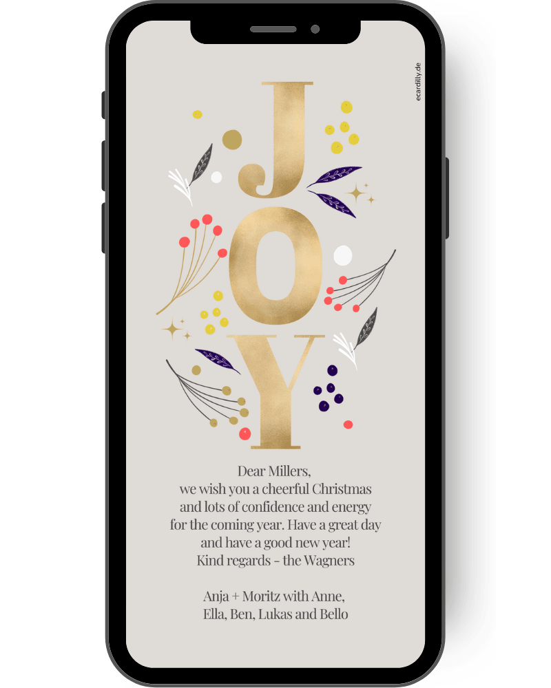 Wonderful classy Christmas card with the letters JOY in gold, purple and red. Very modern digital Christmas card that you can send digitally via WhatsApp en