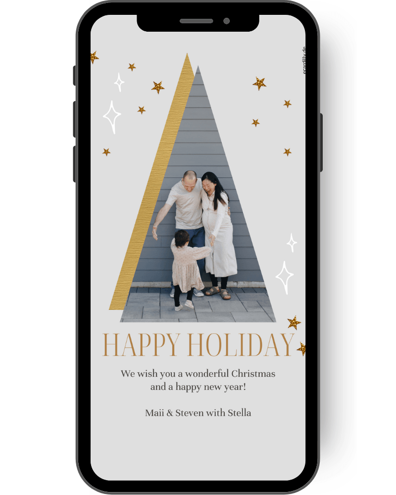 Beautiful Christmas card with a tree in gold, beige and white. You can add a photo to the shape of the fir tree and write your Christmas wishes underneath in gold and a shade of gray. Modern, simple card for Christmas. en
