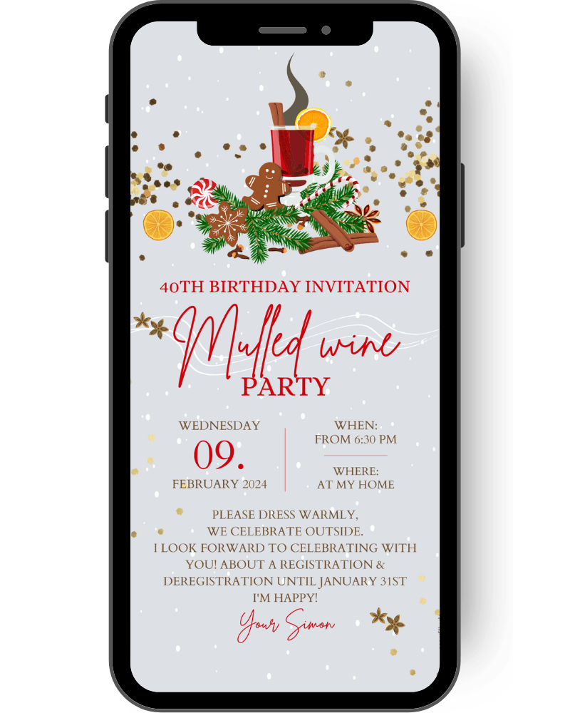 Great invitation for mulled wine and punch. Digital winter invitation card in gray with mulled wine, oranges, candy canes and gingerbread. en