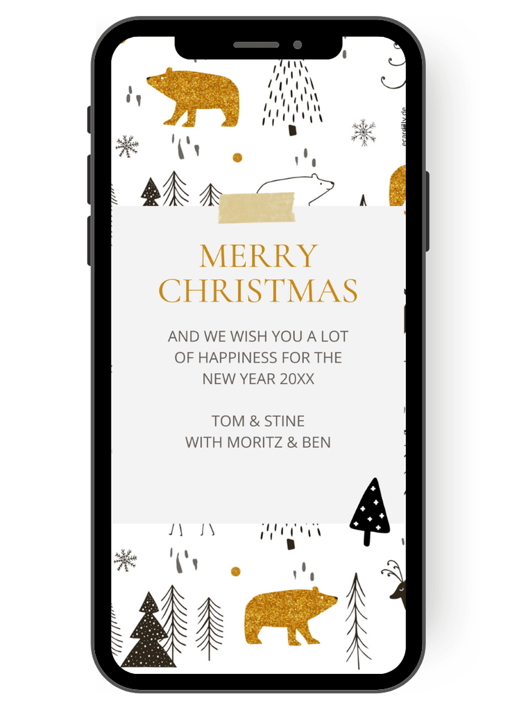Christmas card with Christmas motifs in gold, black, white, gray. Send modern Christmas card digitally en