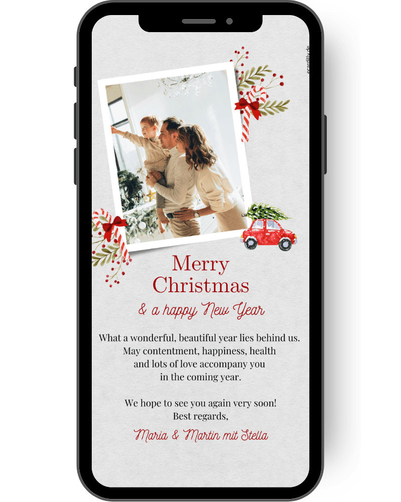 Beautiful Christmas card with photo and car, candy cane and beautifully subtle background. Send Christmas greetings digitally with WhatsApp en