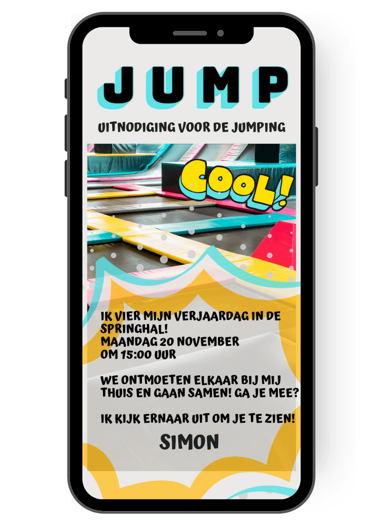 Vier je verjaardag in de Jumphalle: op de uitnodigingskaart staan trampolinevelden en het woord Cool . Stuur een kleurrijke eCard voor verjaardagsfeestjes nl