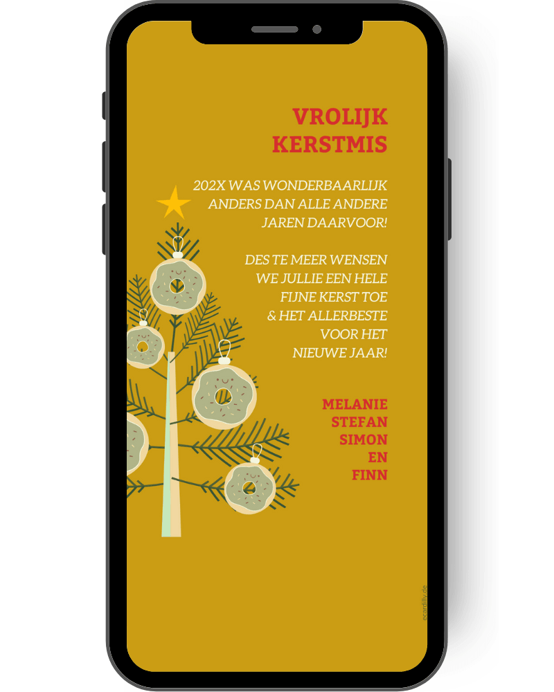Een kerst eCard in de trendy kleur mosterdgeel. De linkerkant van de kaart toont een dennenboom met een witte stam en een paar symbolische takken, kerstballen hangen aan de takken. nl