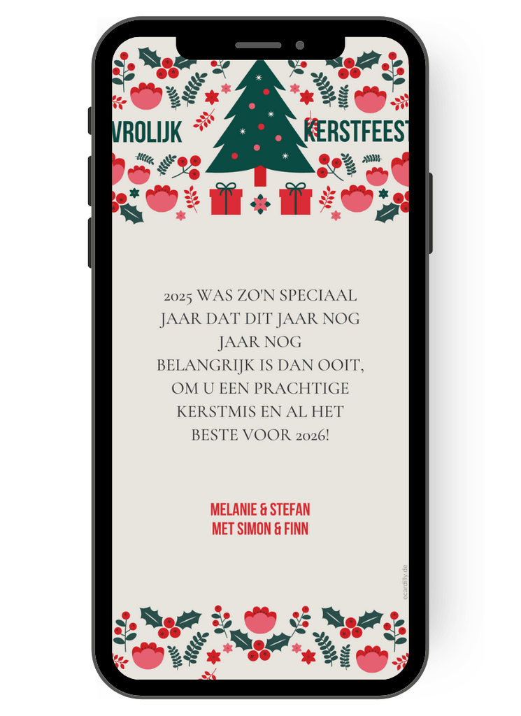 Klassieke kerstsymbolen zoals een dennenboom, hulsttakken met rode vruchten, cadeautjes en sterren zijn de motieven van deze eCard waarmee je persoonlijk en digitaal de kerstgroeten kunt versturen. nl