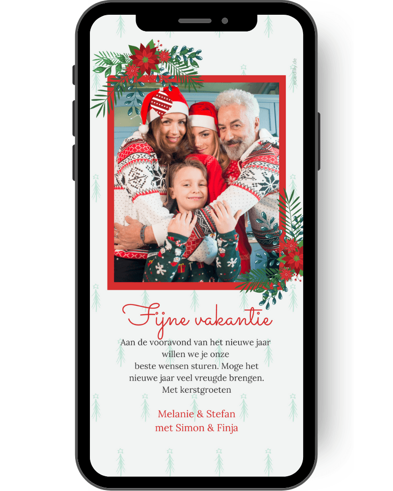 Een kerstkaart die je met je mobiele telefoon naar je telefooncontacten kunt sturen: Een rood omlijste foto van jou en je familie staat in het midden van de kaart, twee hoeken zijn versierd met rode kerststerbloemen en sparrentakken. Daaronder staat de tekst: Wonderful Christmas: Dit jaar is zo'n bijzonder jaar geweest dat we het dit jaar nog belangrijker vinden dan ooit om je een prachtige kerst en alle goeds te wensen.  nl