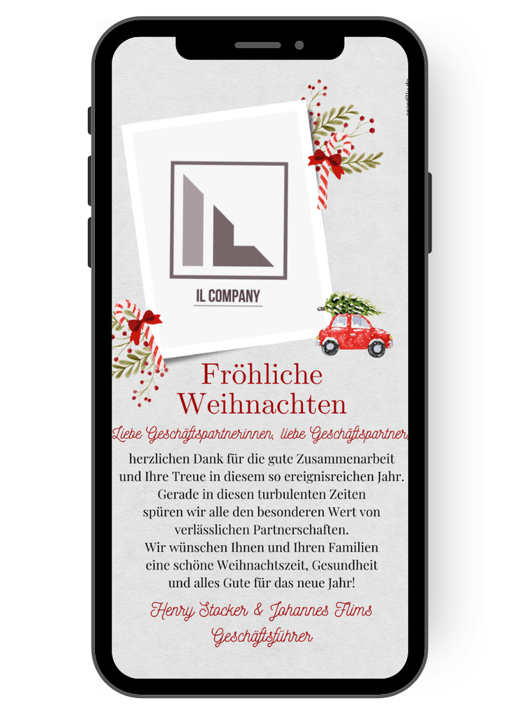 Tolle Weihnachtskarte mit Logo für dein Business, für Mitarbeiter, Geschäftspartner. Tolle geschäftliche Weihnachtskarte mit Logo die du individuell erstellen und sofort digital versenden kannst. Karte mit Zuckerstange, Auto, Zweigen in klassischem Weihnachtslayout. de