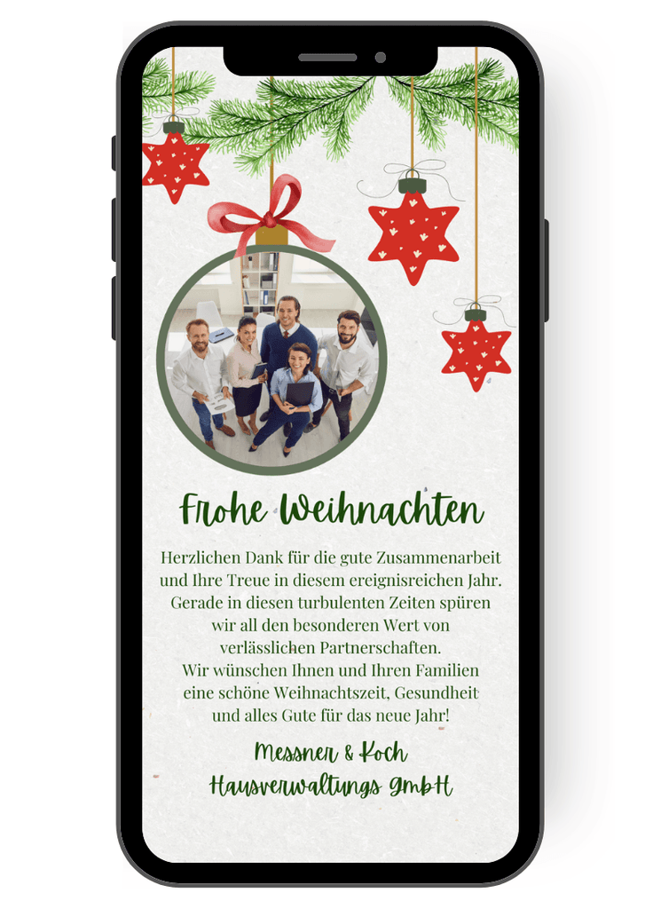 Tolle schlichte Weihnachtsgrüße geschäftlich mit Weihnachtskugel und im klassischen rot grün. Weihnachtskarte Firma mit Mitarbeiter Foto oder Logo mit WhatsApp versenden. de